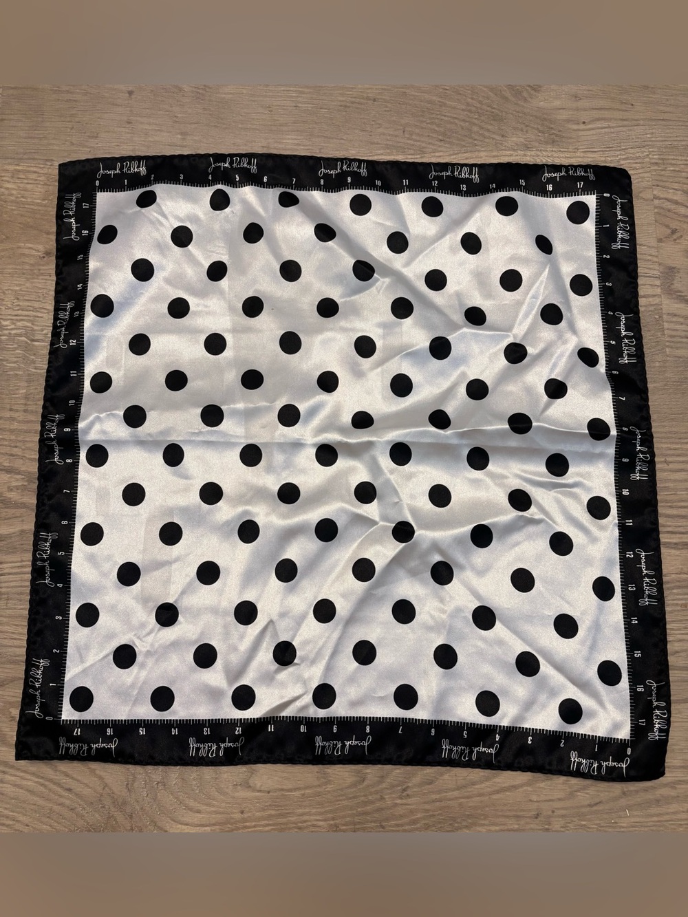 Vintage Joseph Ribkoff Black White Polkadot Measuring Satin Square Scarf 20x20